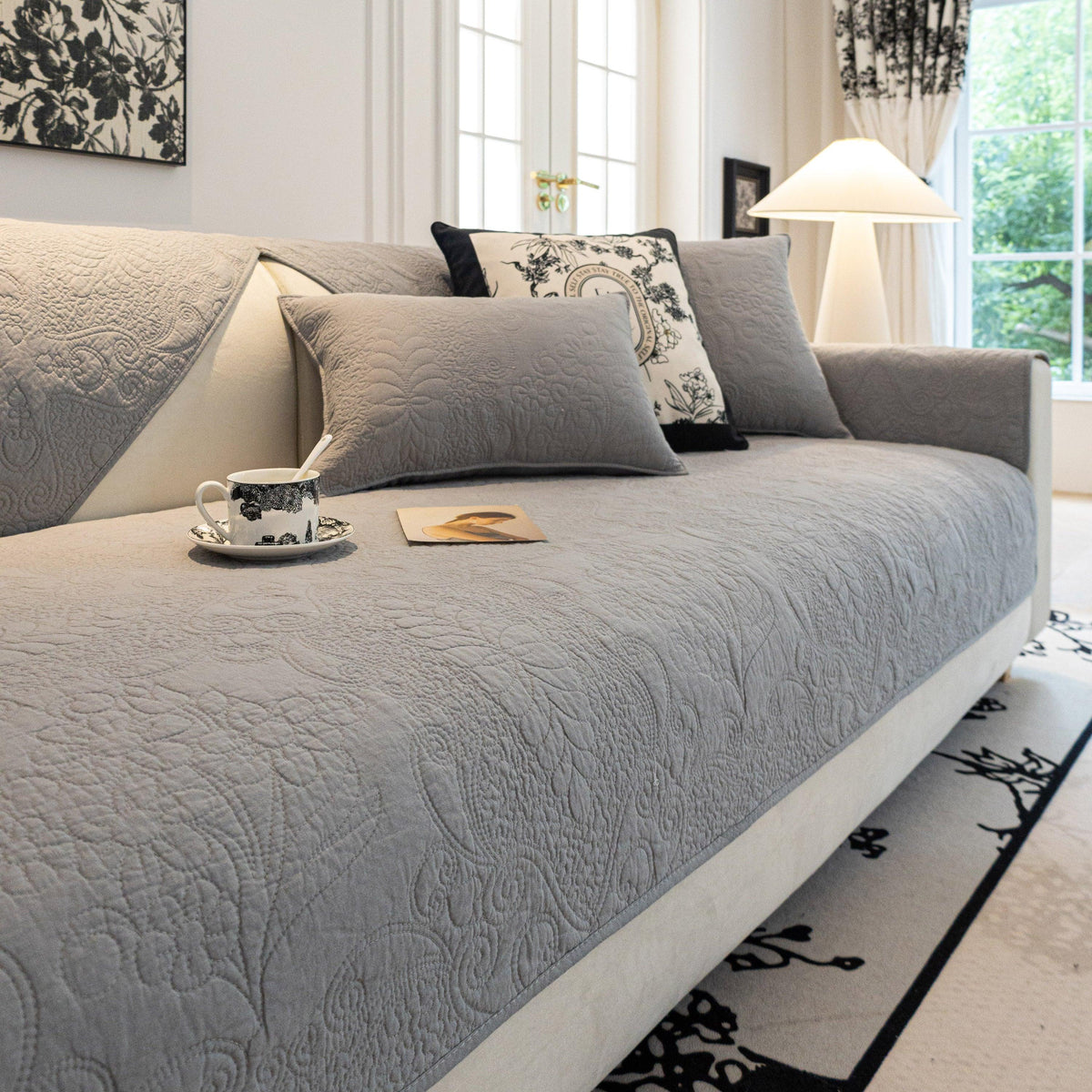 Baroque Floral Quilted Cotton Sofa Cover, Non-Slip Washable Couch Protector