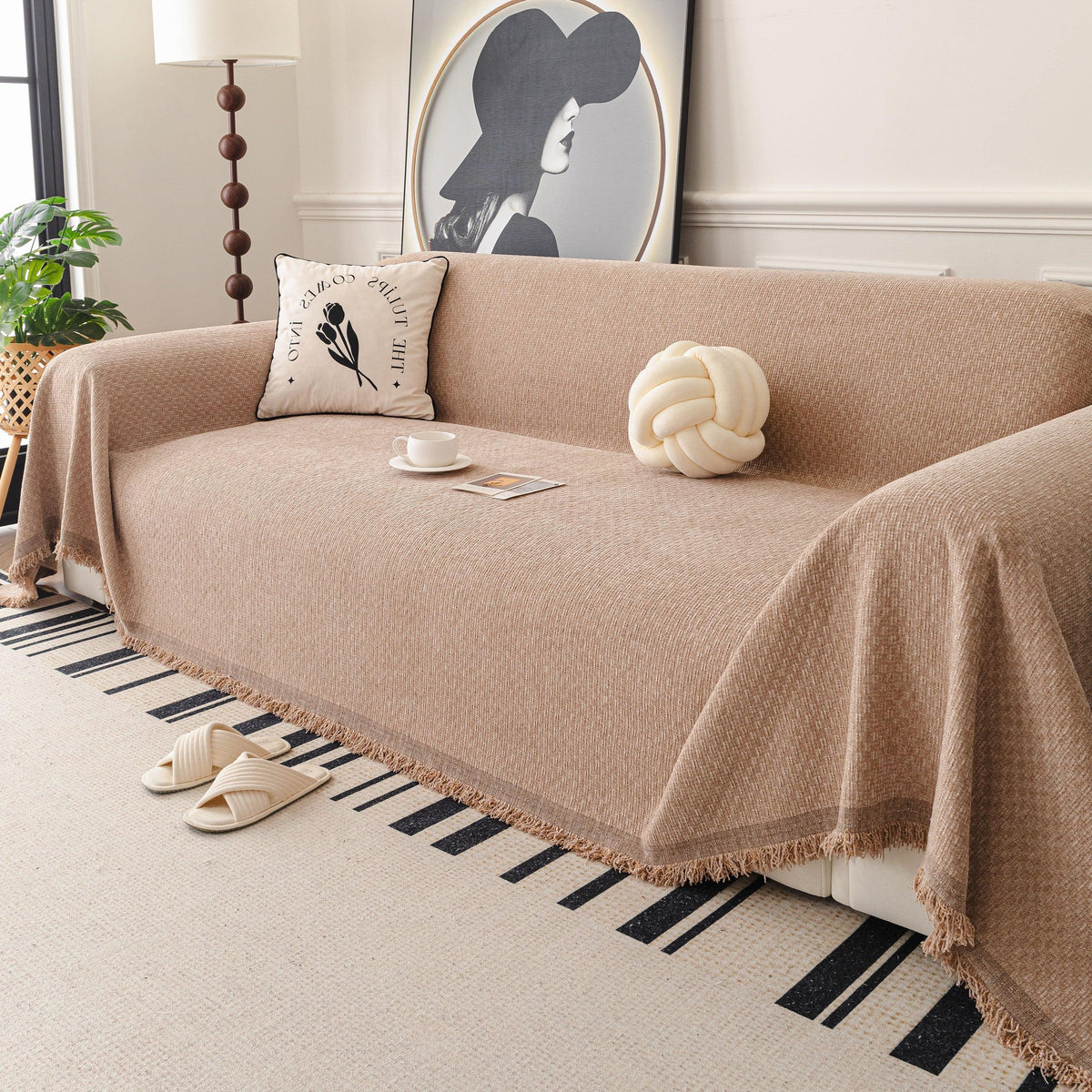 Textured Woven Modern Sofa Cover, Natural Blend Decorative Couch Throw Blanket