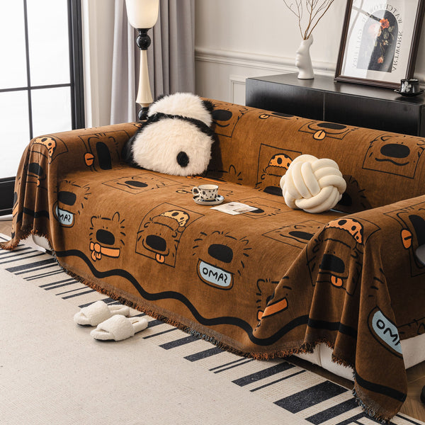 Cute Chenille Couch Cover Throw, Cartoon Soft Washable Sofa Cover for Sectional Sofas