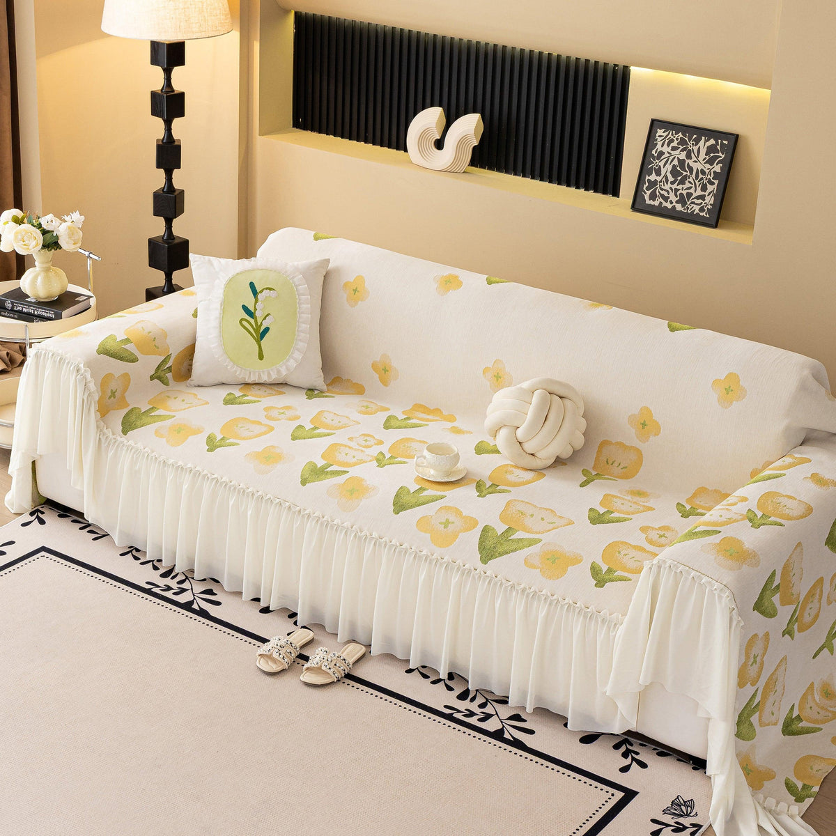 Ruffled Sweet Floral Sofa Cover with Skirt, Soft and Decorative Couch Throw Cover