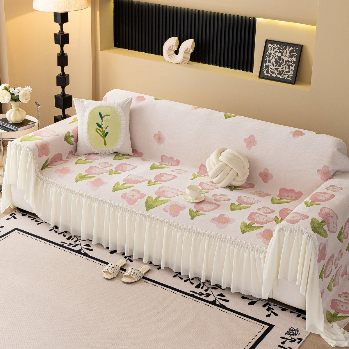 Ruffled Sweet Floral Sofa Cover with Skirt, Soft and Decorative Couch Throw Cover