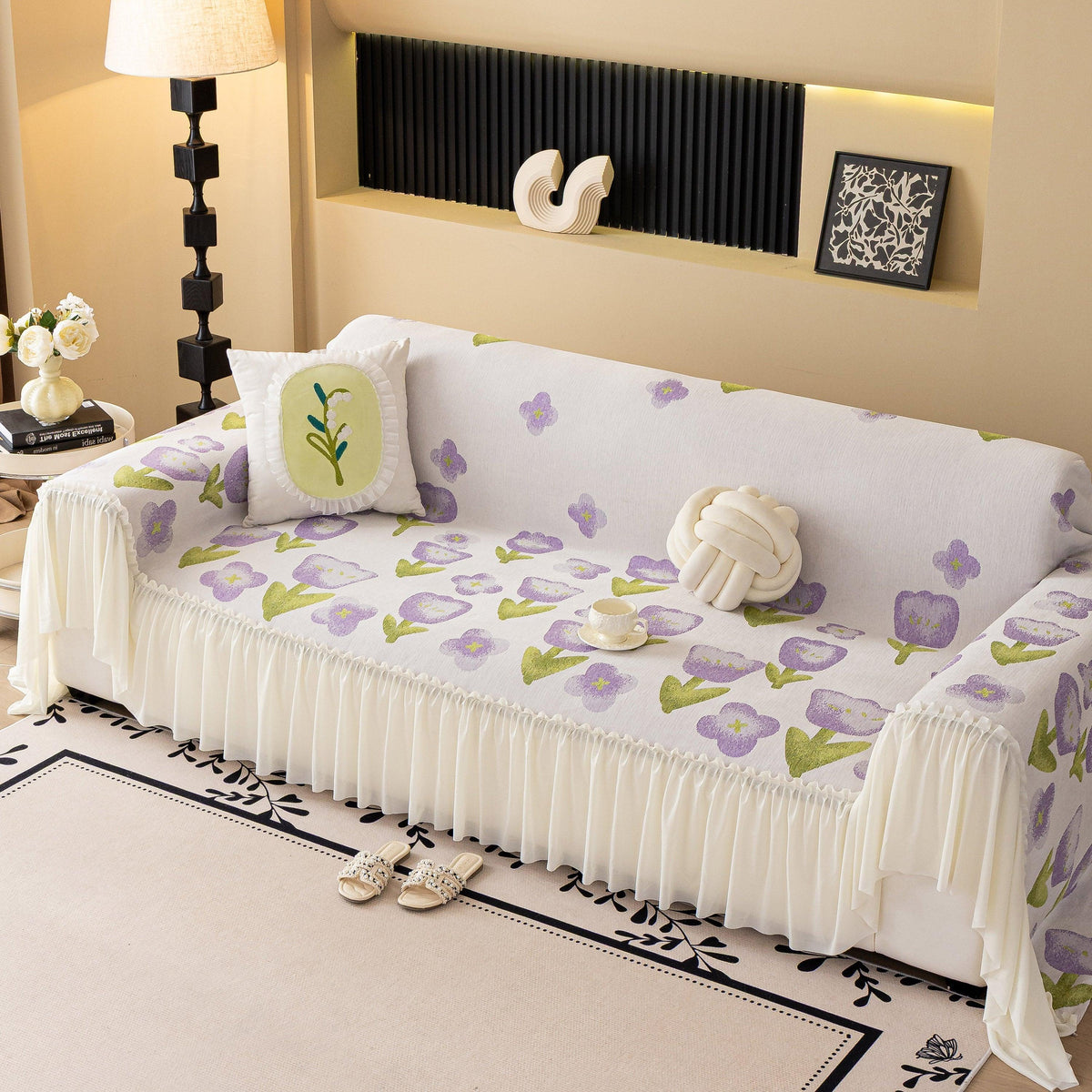 Ruffled Sweet Floral Sofa Cover with Skirt, Soft and Decorative Couch Throw Cover