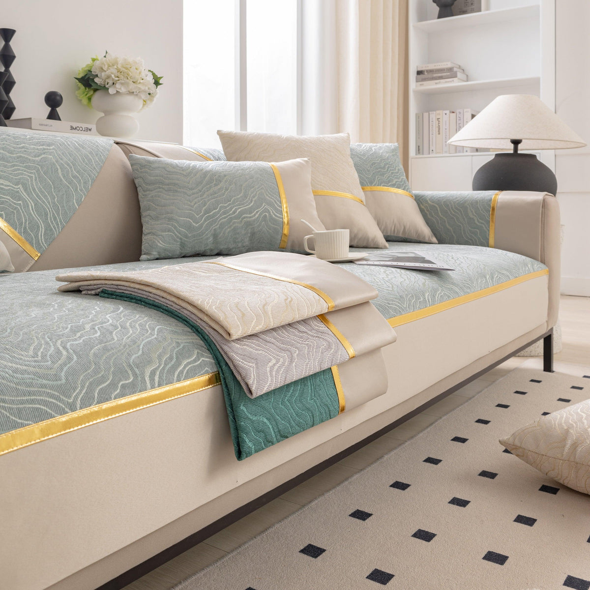 Modular Sofa Cover for Sectionals, Gold Striped Non-Slip Couch Protector