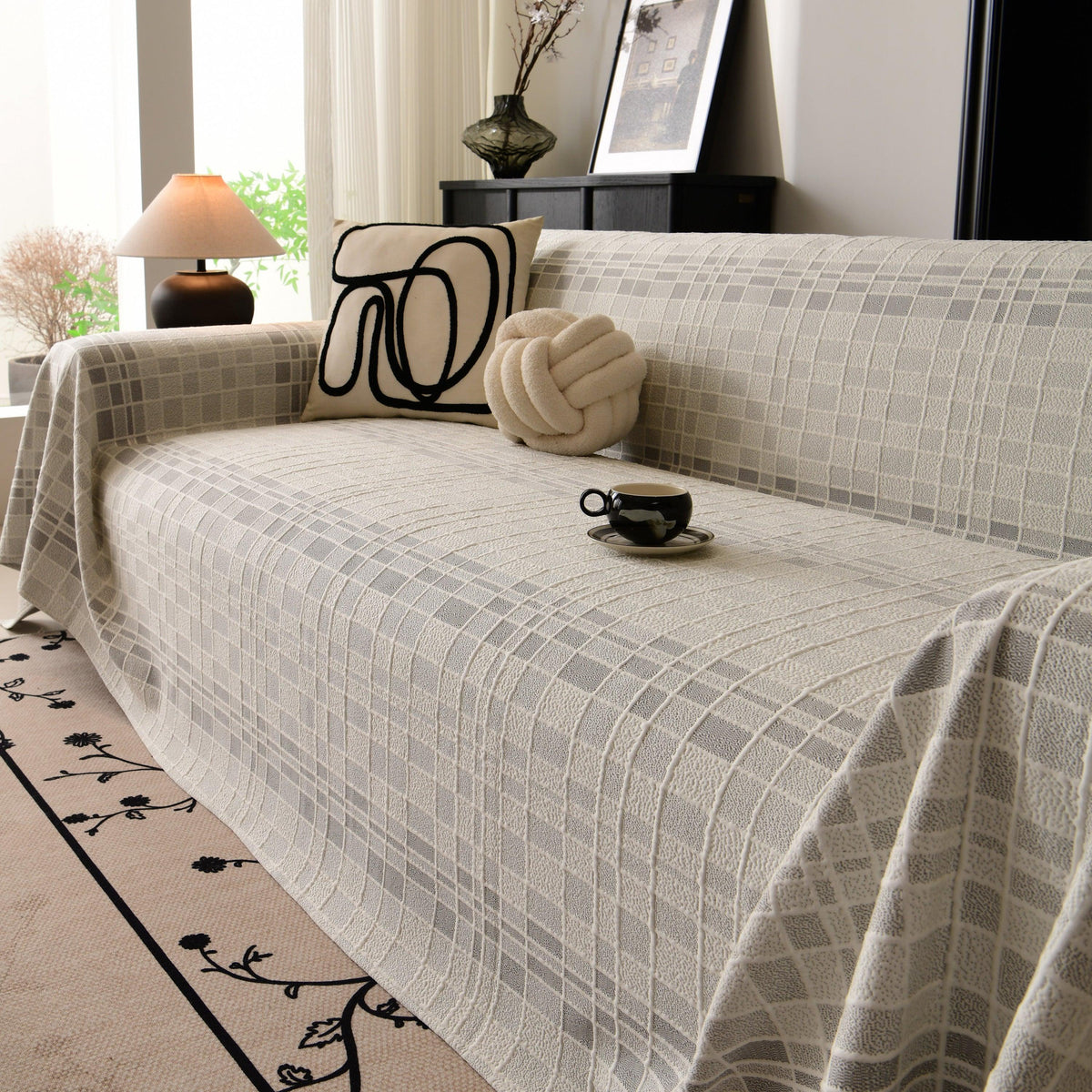 Sofa Cover Throw with Subtle Textured Stripes Lightweight Smooth Couch Slipcover