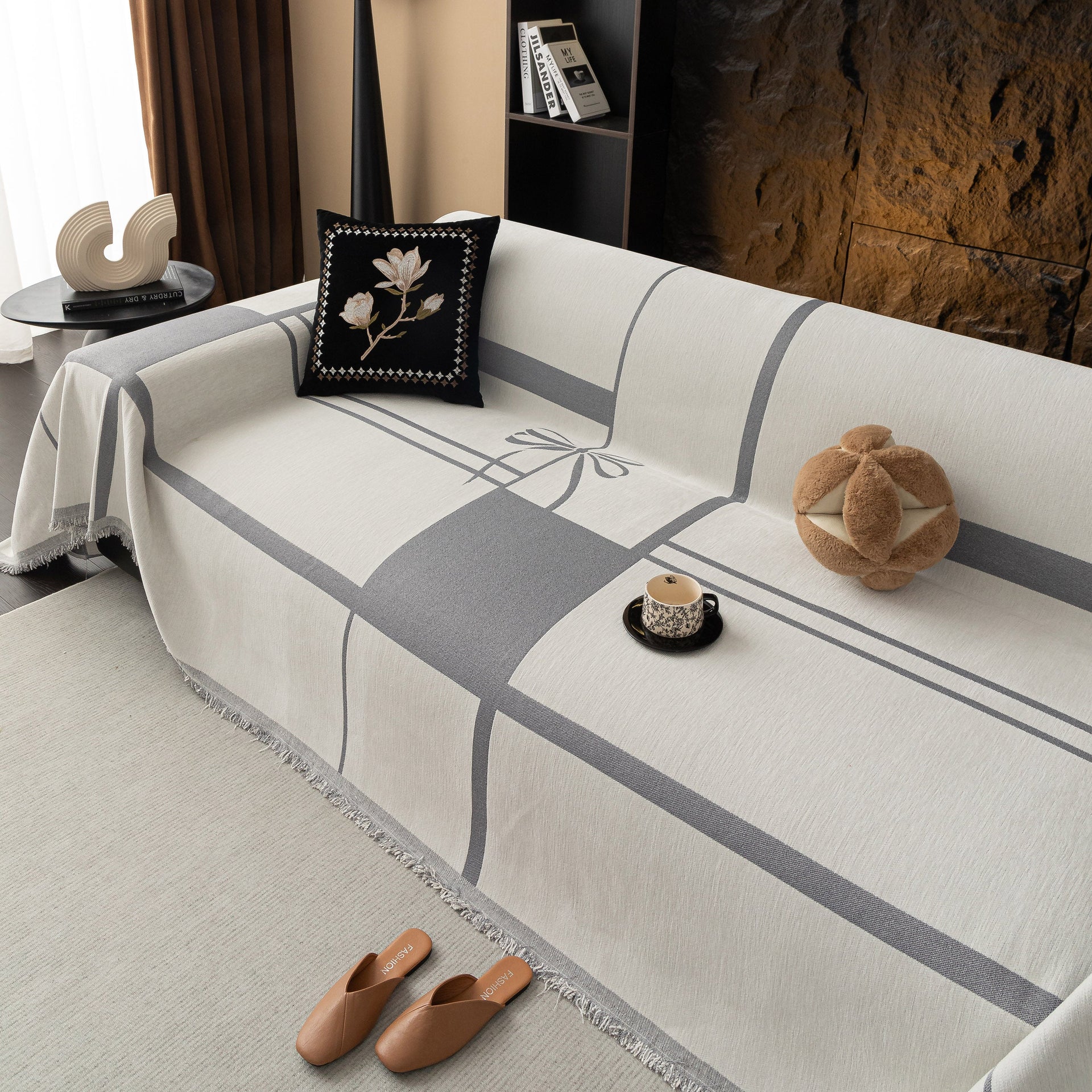 Modern Plaid Heavy Duty Sofa Throw Blanket, Boho Farmhouse Couch Cover with Tassel