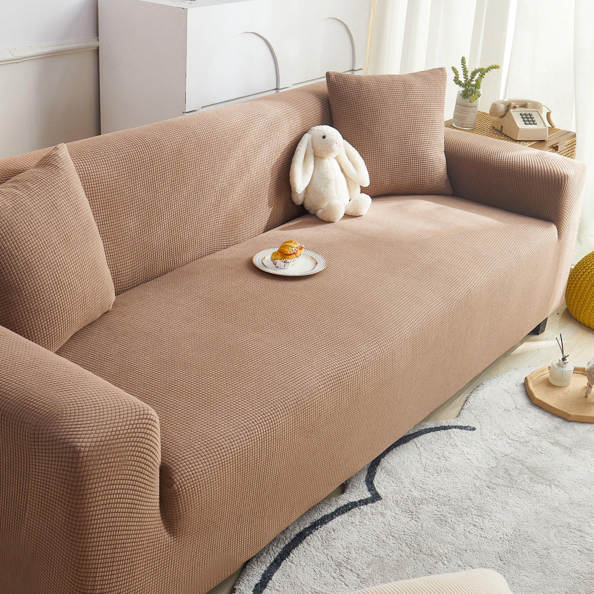 Grid Textured Stretch Sofa Cover, Soft Elastic Slipcover for Couch Protection