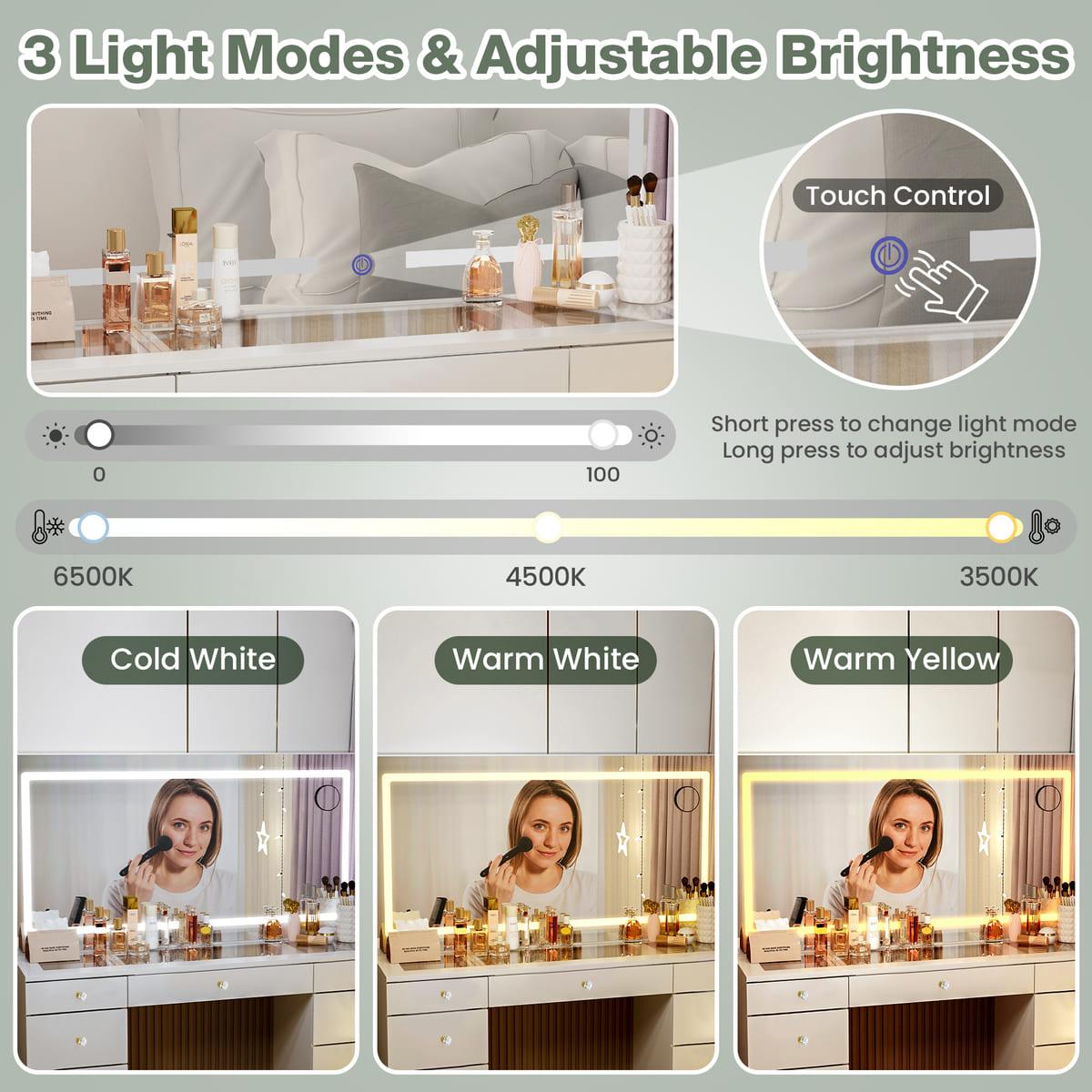 11-Drawer Vanity Desk with Crystal Handles, Glass Top & LED Mirror