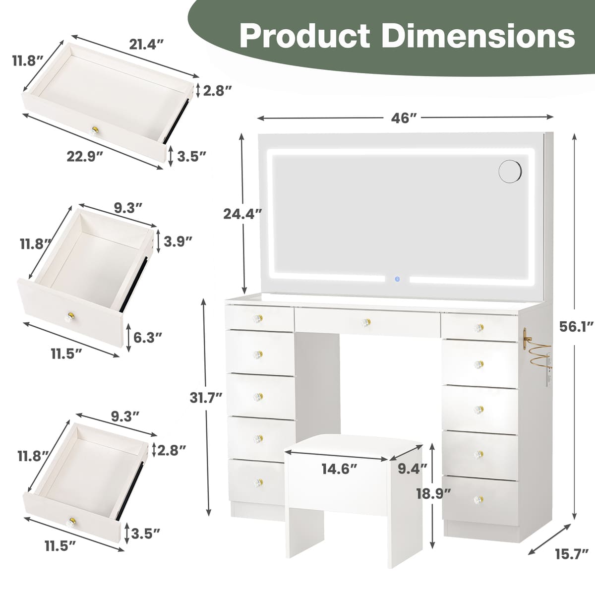 11-Drawer Vanity Desk with Crystal Handles, Glass Top & LED Mirror