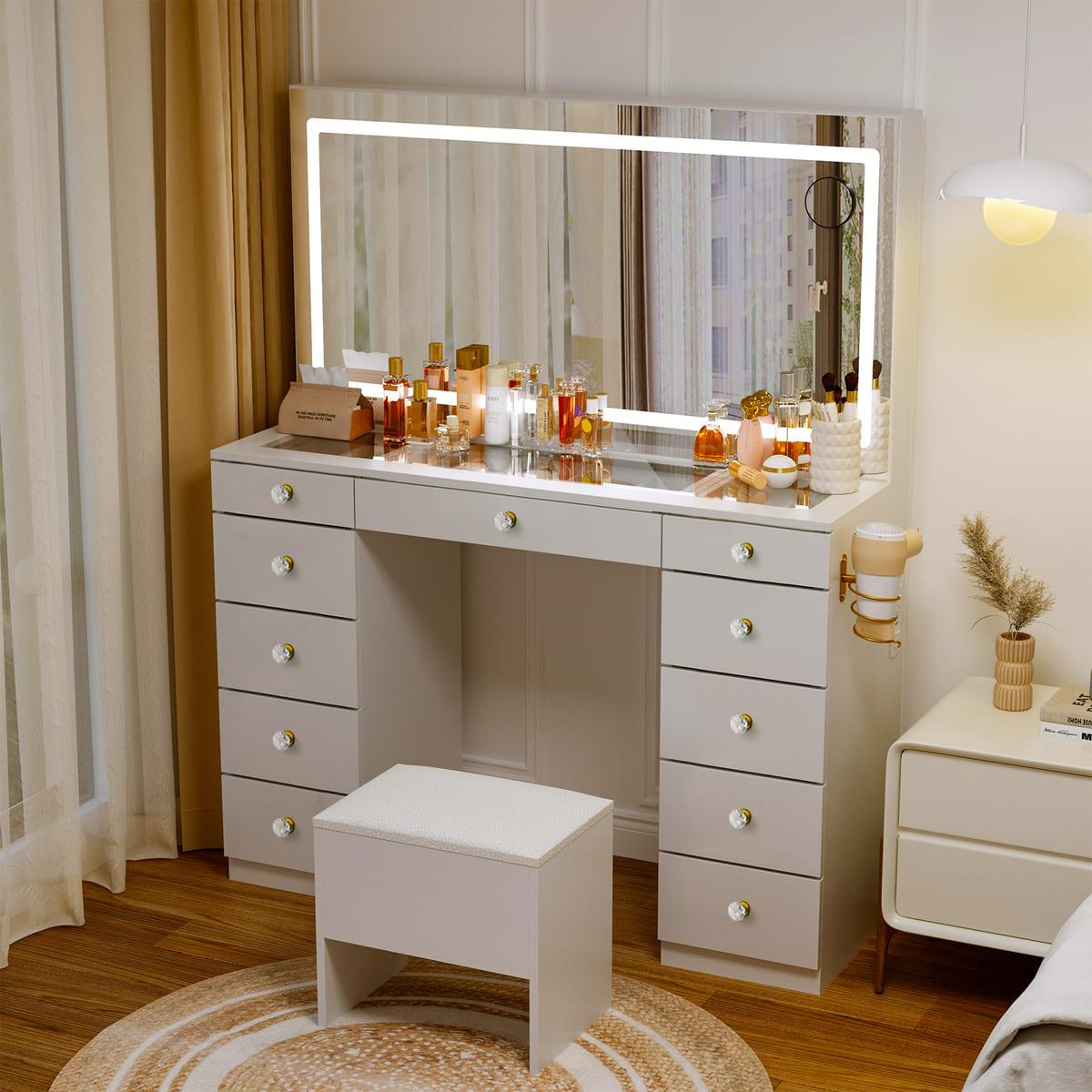 11-Drawer Vanity Desk with Crystal Handles, Glass Top & LED Mirror
