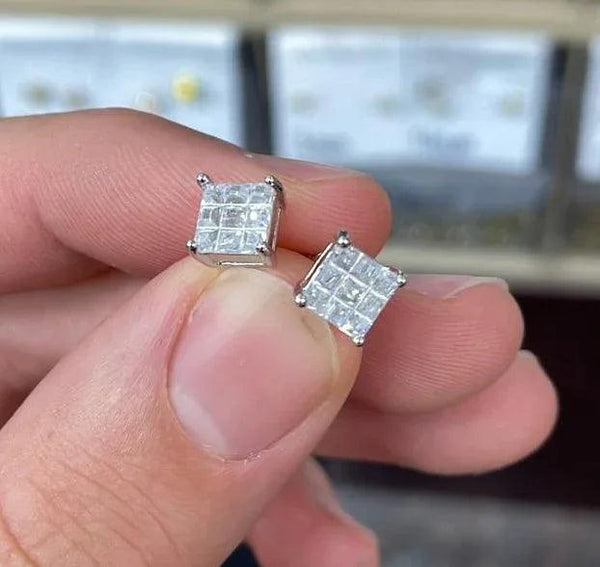 Sterling Silver Invisible Princess Cut Simulated Diamond Studs Earrings - Gifts for You 'n Me