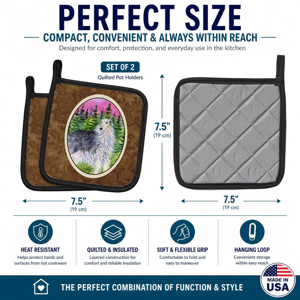 Borzoi Pot Holder Set of 2 Heat Resistant Quilted Hot Pads 7.5 x 7.5 Inch, Insulated Kitchen Trivets for Cooking & Baking
