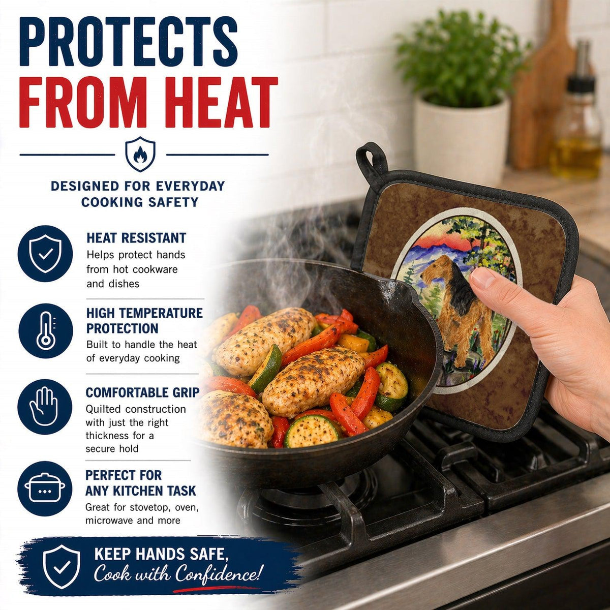 Lakeland Terrier Pot Holder Set of 2 Heat Resistant Quilted Hot Pads 7.5 x 7.5 Inch, Insulated Kitchen Trivets for Cooking & Baking