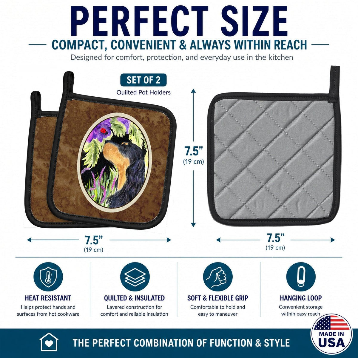Gordon Setter Pot Holder Set of 2 Heat Resistant Quilted Hot Pads 7.5 x 7.5 Inch, Insulated Kitchen Trivets for Cooking & Baking