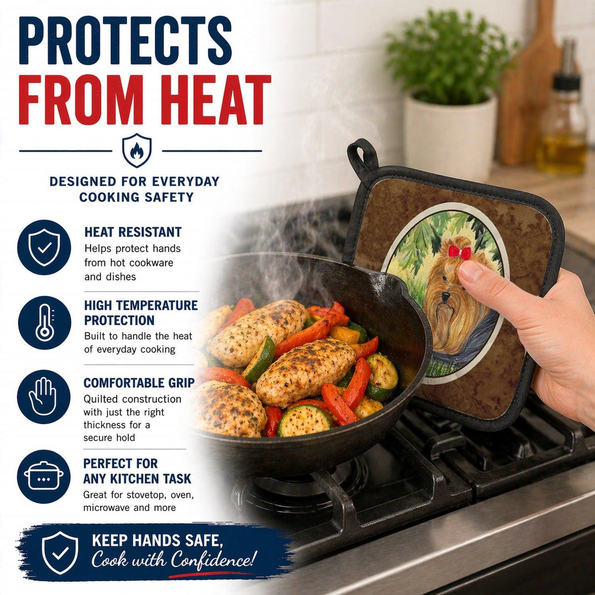 Yorkie Pot Holder Set of 2 Heat Resistant Quilted Hot Pads 7.5 x 7.5 Inch, Insulated Kitchen Trivets for Cooking & Baking