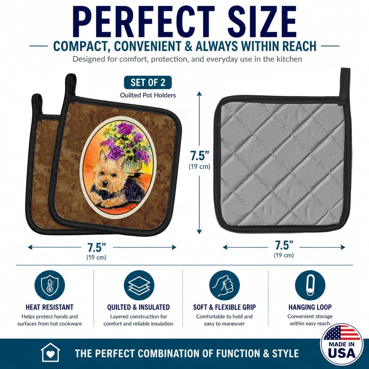 Norwich Terrier Pot Holder Set of 2 Heat Resistant Quilted Hot Pads 7.5 x 7.5 Inch, Insulated Kitchen Trivets for Cooking & Baking