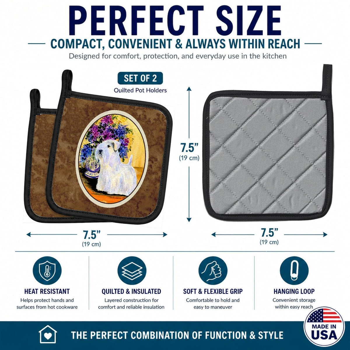 Sealyham Terrier Pot Holder Set of 2 Heat Resistant Quilted Hot Pads 7.5 x 7.5 Inch, Insulated Kitchen Trivets for Cooking & Baking