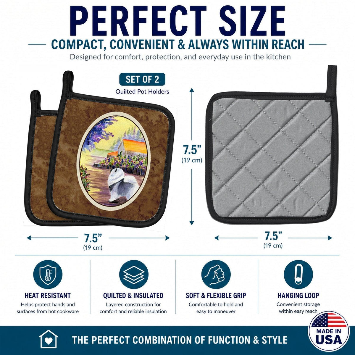 Keeshond Pot Holder Set of 2 Heat Resistant Quilted Hot Pads 7.5 x 7.5 Inch, Insulated Kitchen Trivets for Cooking & Baking