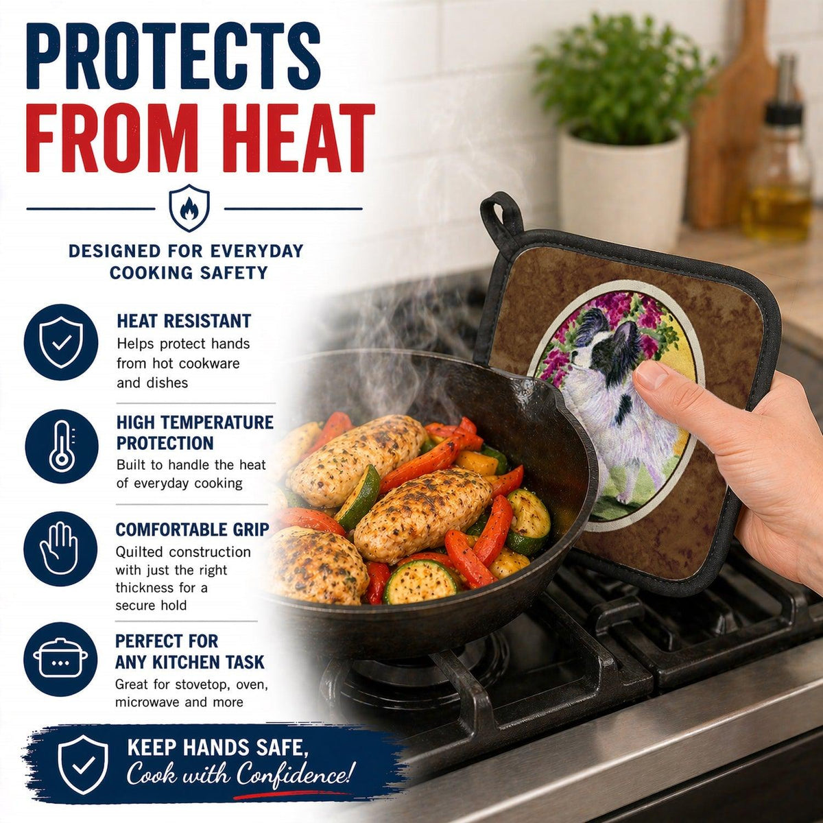 Papillon Pot Holder Set of 2 Heat Resistant Quilted Hot Pads 7.5 x 7.5 Inch, Insulated Kitchen Trivets for Cooking & Baking