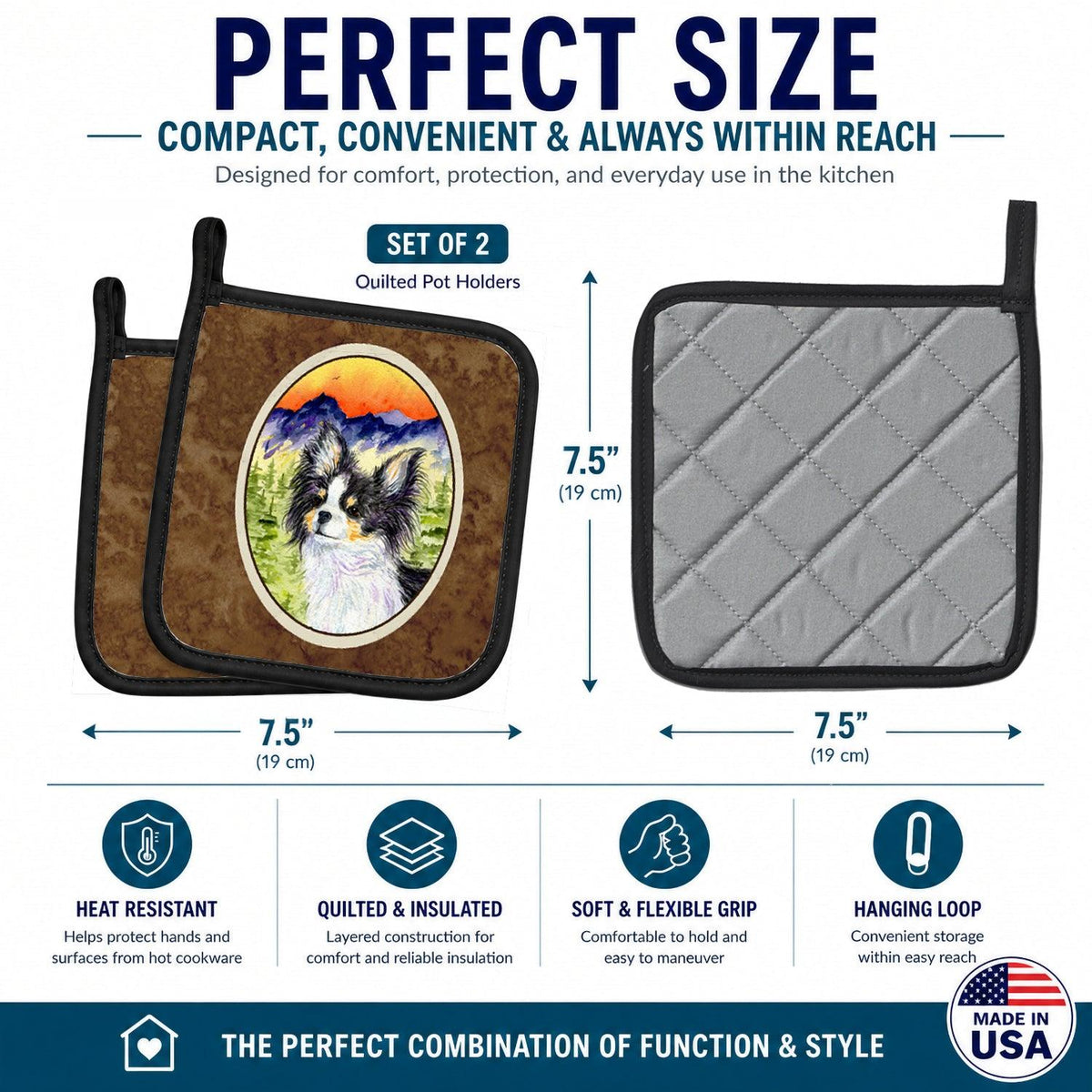 Chihuahua Pot Holder Set of 2 Heat Resistant Quilted Hot Pads 7.5 x 7.5 Inch, Insulated Kitchen Trivets for Cooking & Baking