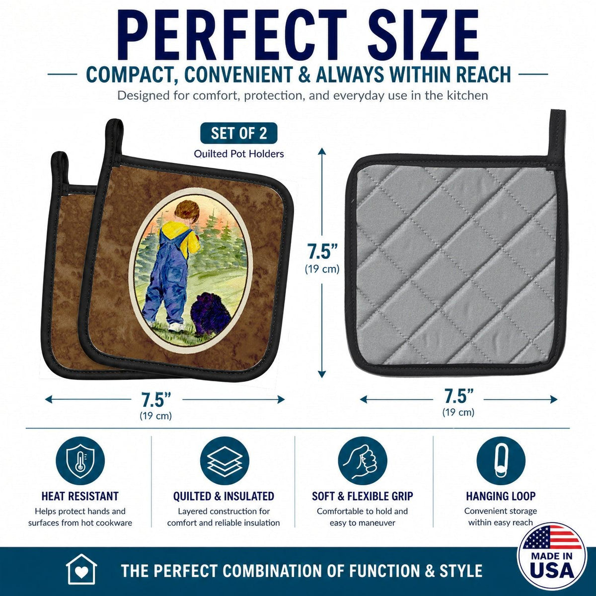 Little Boy with his  Pomeranian Pot Holder Set of 2 Heat Resistant Quilted Hot Pads 7.5 x 7.5 Inch, Insulated Kitchen Trivets for Cooking & Baking