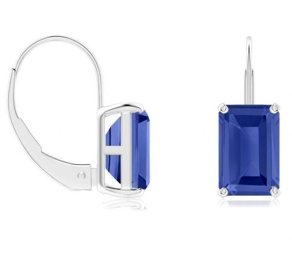 925 Sterling Silver Emerald Cut Blue Sapphire Earrings