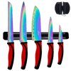 Kitchen Knife Set Kit | Red Handle & Black Magnetic Rack