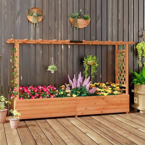 Solid Fir Wood Rectangle Raised Garden Bed with Side Trellis
