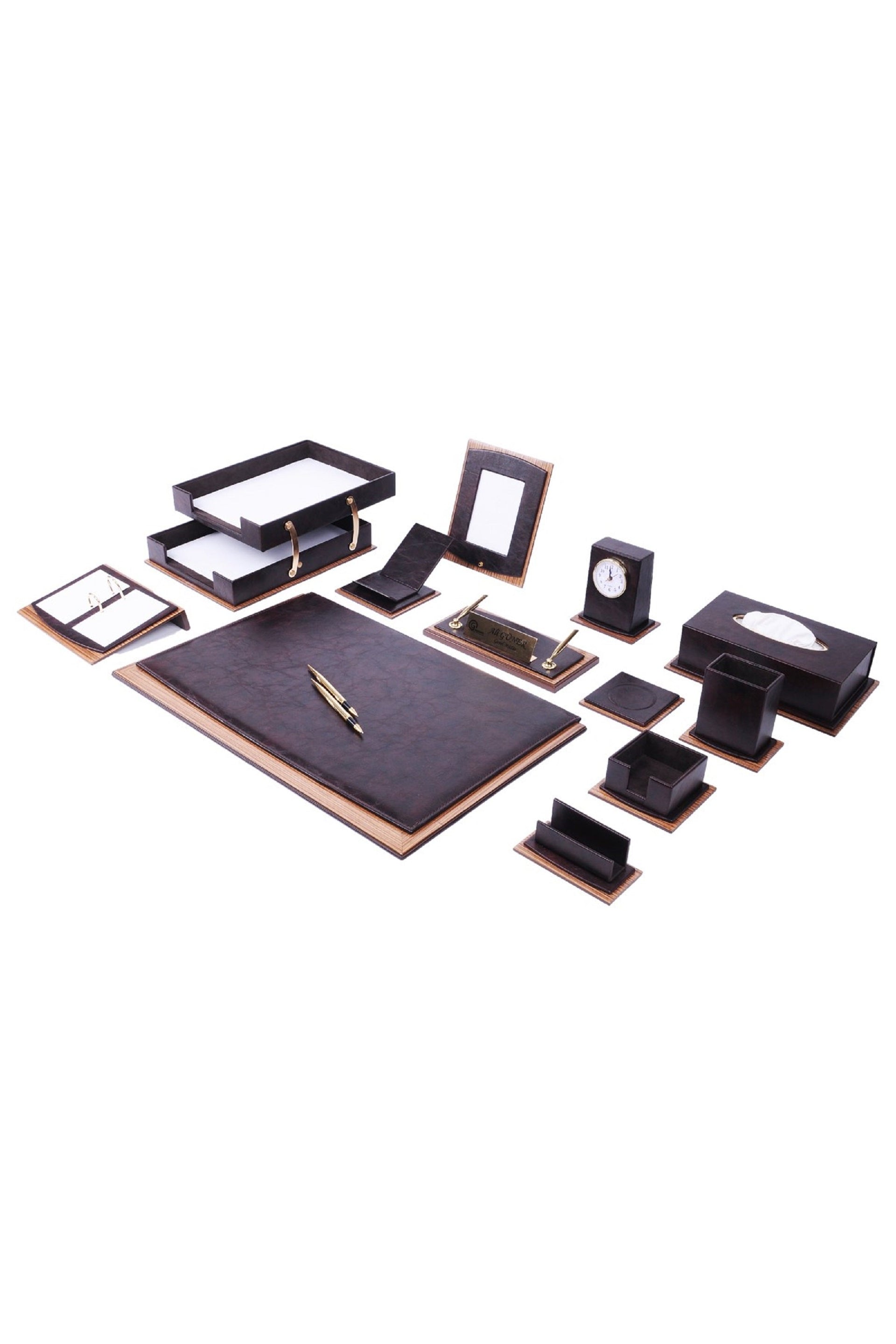 MOOG Star Lux Leather Desk Set -Walnut Wood Combination - Green -14 PCS