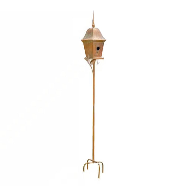 Copper Finish Metal Garden Birdhouse with Stake and Pole