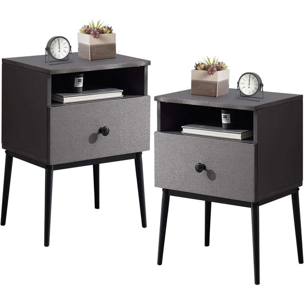 Set of 2 - Mid Century Modern Side Table Nightstand in Grey Black Wood Finish