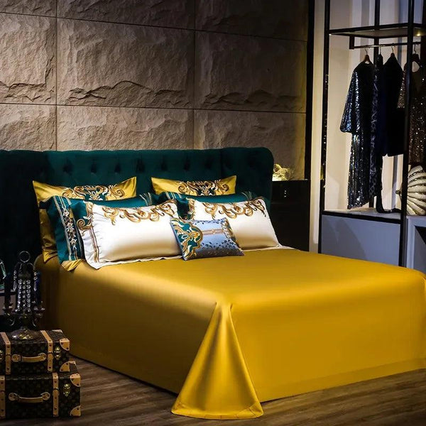 Gold and Green Satin Embroidery Patchwork Duvet Cover Queen King Luxury Royal Bedding Sets Cotton Bed Sheet Bedspread Pillowcase - Gifts for You 'n Me
