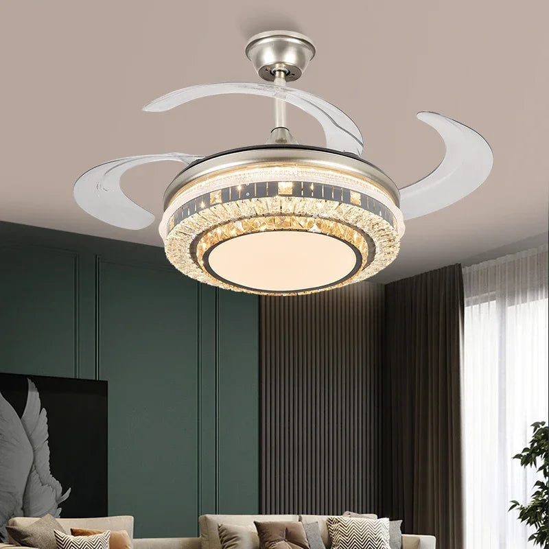 DecorBites™ Gold Crystal Retractable Blades Modern LED Ceiling Fan 42