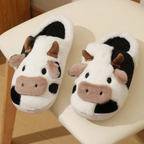 Plush Cartoon Cow Slippers for Warm Cozy Indoor Comfort