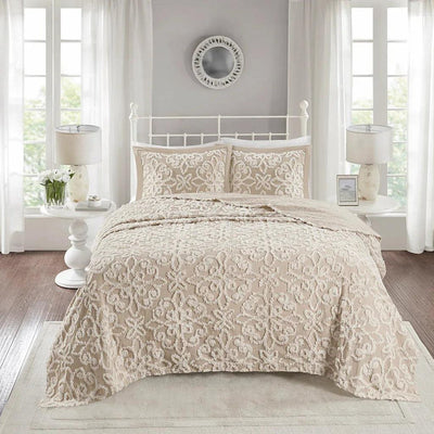 Sabrina 3 Piece Tufted Cotton Chenille Bedspread Set - Taupe