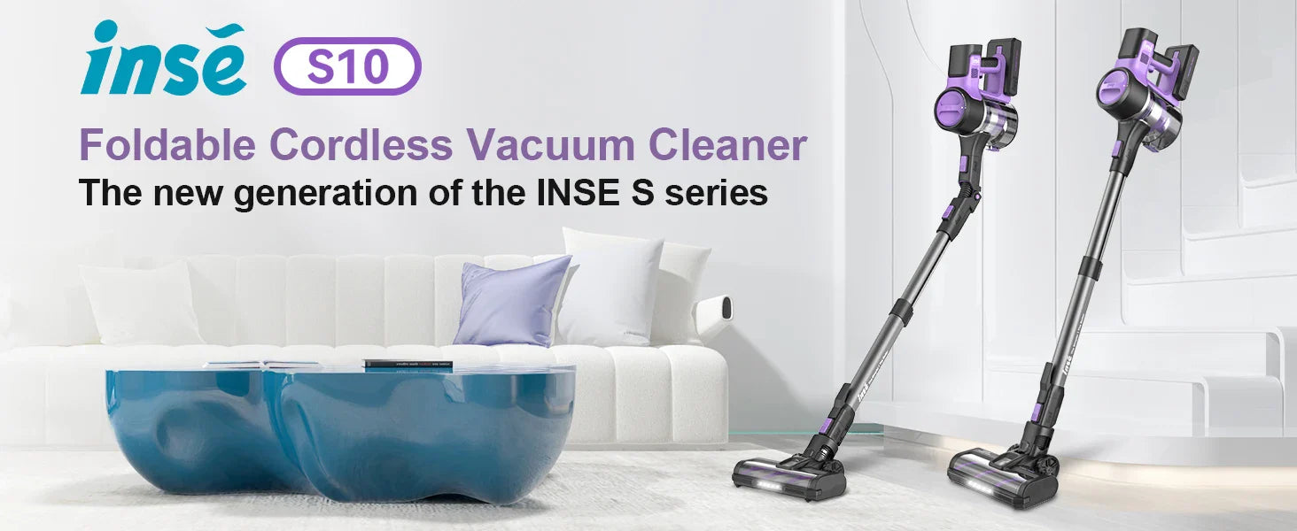 Cordless Vacuum Cleaner, 6-in-1 Stick Vacuum with 30Kpa 350W Suction from INSE S10 series, foldable design ideal for modern home cleaning solutions.