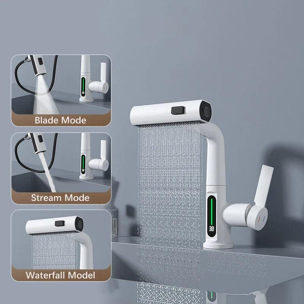Pull Out Waterfall Kitchen Faucet Digital Display Hot Cold Mixer Sink Tap