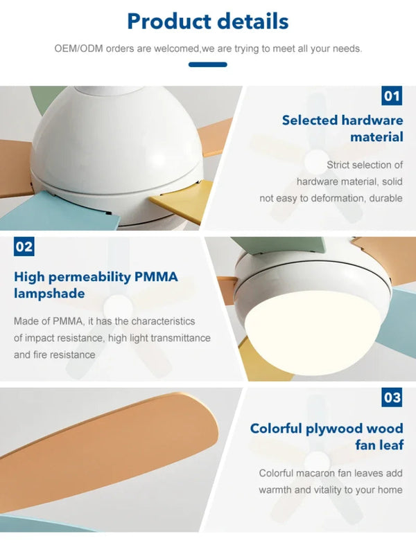 DecorBites™ Kids Ceiling Fan with Light and Remote Control, 3-Speed, 5-Blade Helicopter Design Decorbites