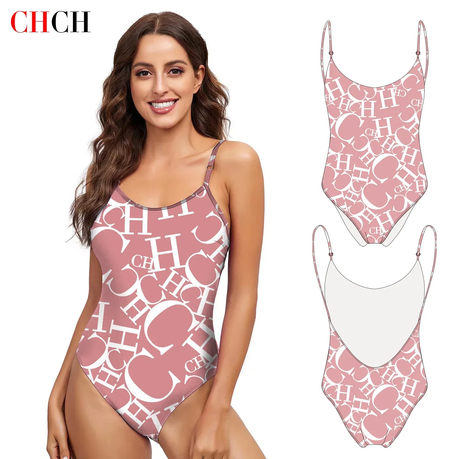Women's Swimwear CH Letter Pink Triangle One-piece Swimsuit - Sexikinis Swim
