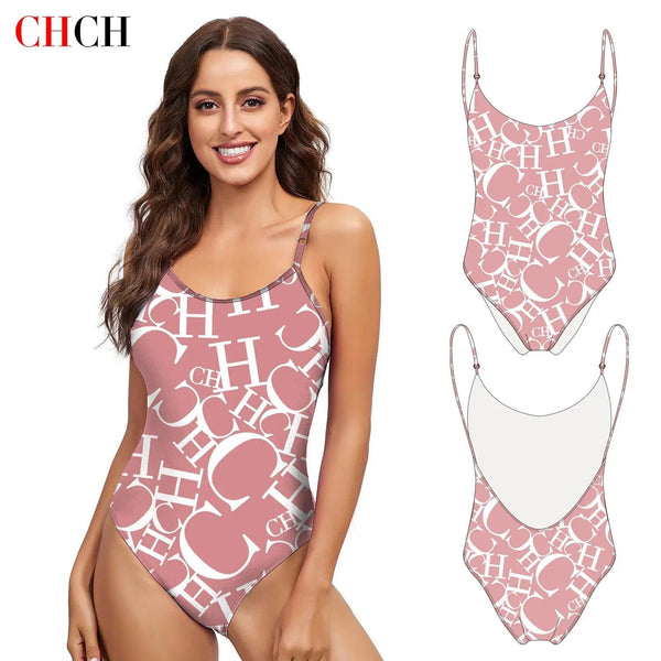 Women's Swimwear CH Letter Pink Triangle One-piece Swimsuit - Sexikinis Swim