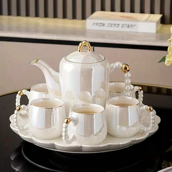 1pc/6pcs/8pcs/set European pearl glazed porcelain tea set - Pearl white porcelain teapot and sugar milk oil teapot