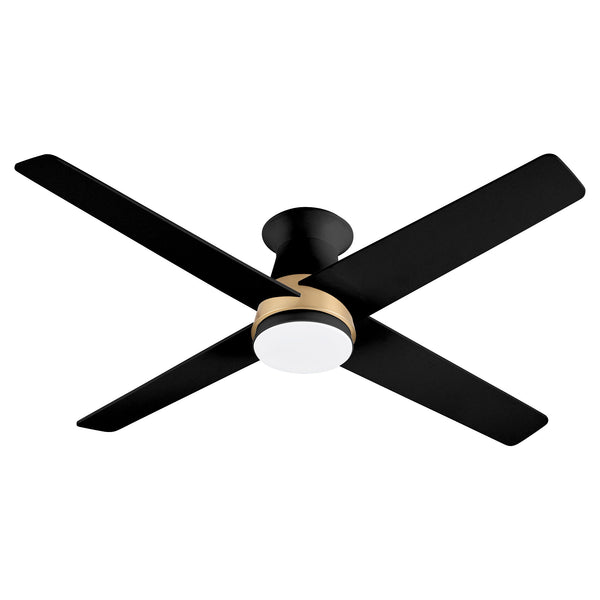 Santa Ana 52″ Ceiling Fan | Matte Black Aged Brass w – Matte black blades Black ceiling fan with a light fixture on a white background