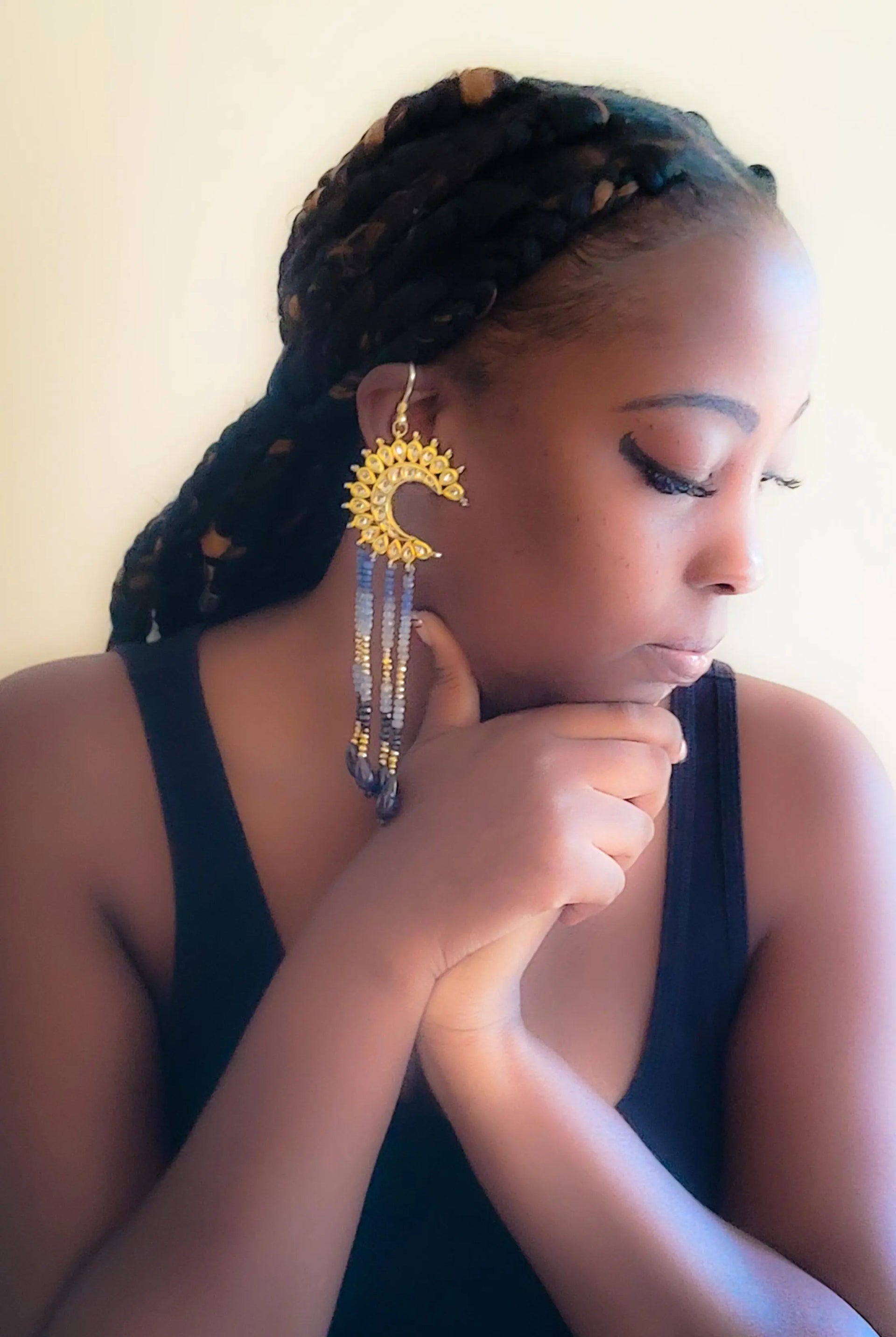 Sapphire Crescent Moon Drop Earrings