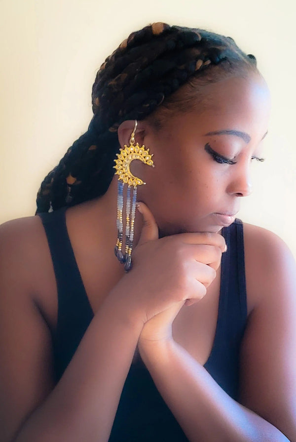 Sapphire Crescent Moon Drop Earrings