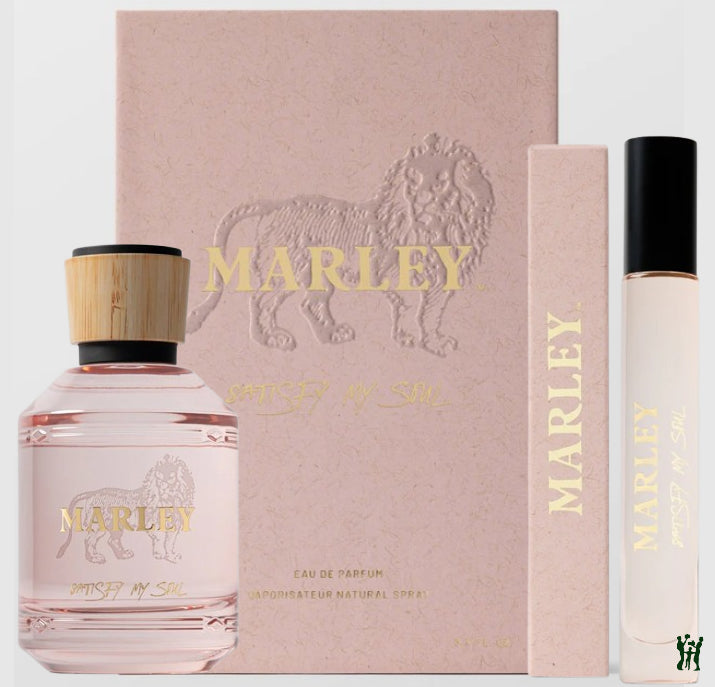Marley Eau de Parfum bottle and packaging with lion emblem on a light pink background