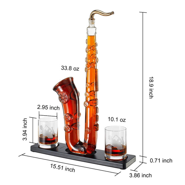 Saxophone Whiskey & Wine Decanter - 34 OZ Decanter Set with Two 10 Oz Whisky Glasses - Bourbon, Scotch, Liquor Gifts for Men, Dad, Father, Music Lover Gifts, Classical Instrument Room Home Decor