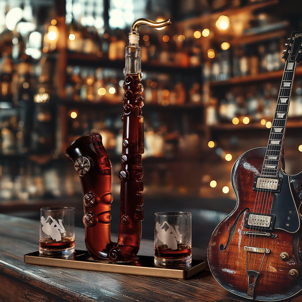 Saxophone Whiskey & Wine Decanter - 34 OZ Decanter Set with Two 10 Oz Whisky Glasses - Bourbon, Scotch, Liquor Gifts for Men, Dad, Father, Music Lover Gifts, Classical Instrument Room Home Decor