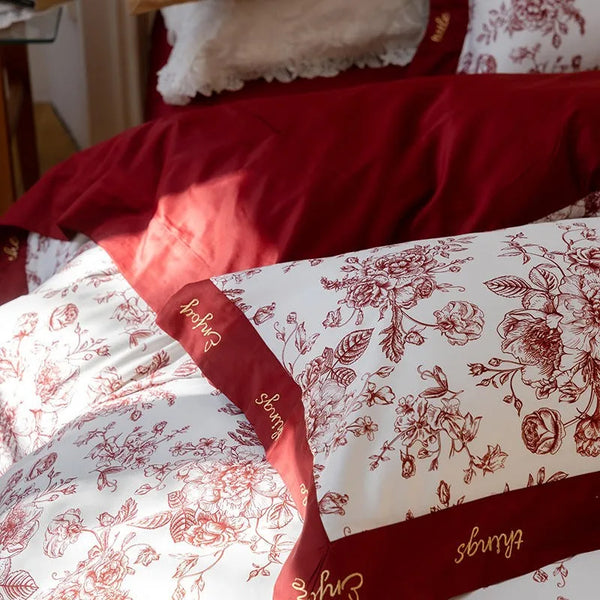1000TC Egyptian Cotton Soft Vibrant French Luxury Red Flowers Bedding Set 1 Duvet Cover+1Bed Sheet+2Pillowcases Double Queen King