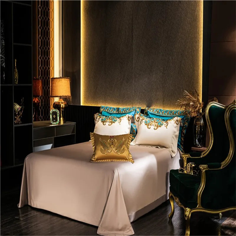 Gold and Blue Embroidery Satin Comforter Cover 4/6/10Pcs Bedding set Quilted Cotton Bedspread Flat/Fittedsheet Square pillowcases