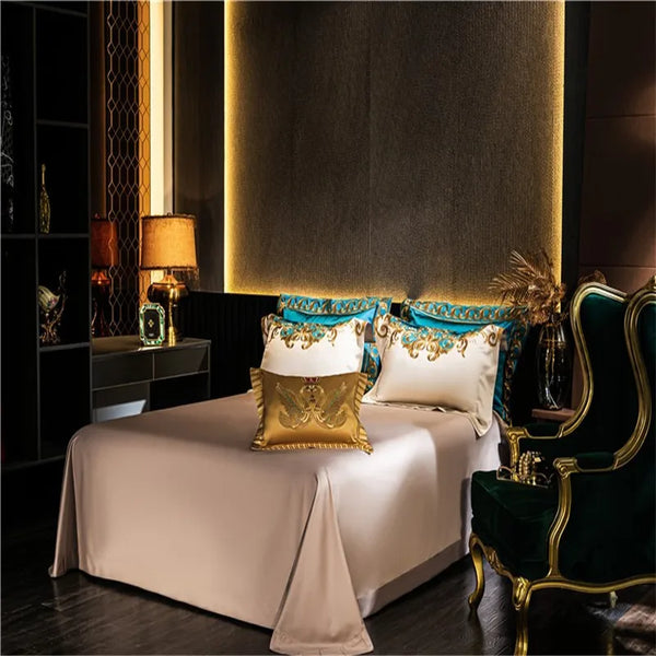 Gold and Blue Embroidery Satin Comforter Cover 4/6/10Pcs Bedding set Quilted Cotton Bedspread Flat/Fittedsheet Square pillowcases