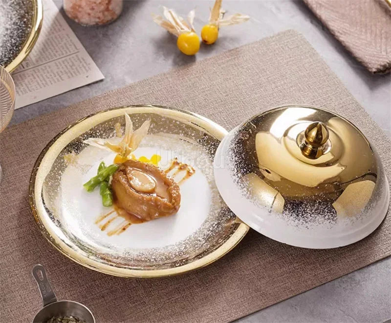 Ceramic high-end golden gold round ceramic tray Piring ASalad Steak Mewah Keramik Makanan Barat Eropa Piring Steak dinner plate